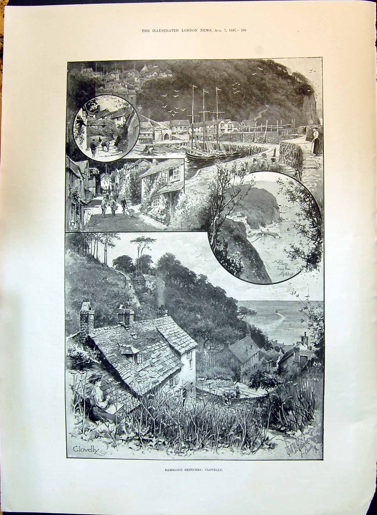 Old 1897 Clovelly Houses Boats Harbour Man Uniform River Scene Nantes Victorian