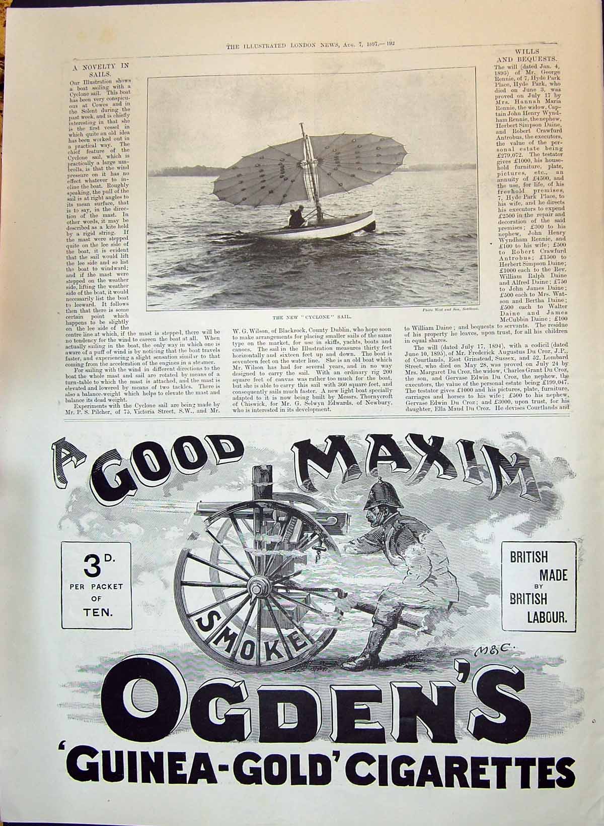 Antique Print 1897 Cyclone Sail Boat Advertisement Ogden'S Guinea GCigarett
