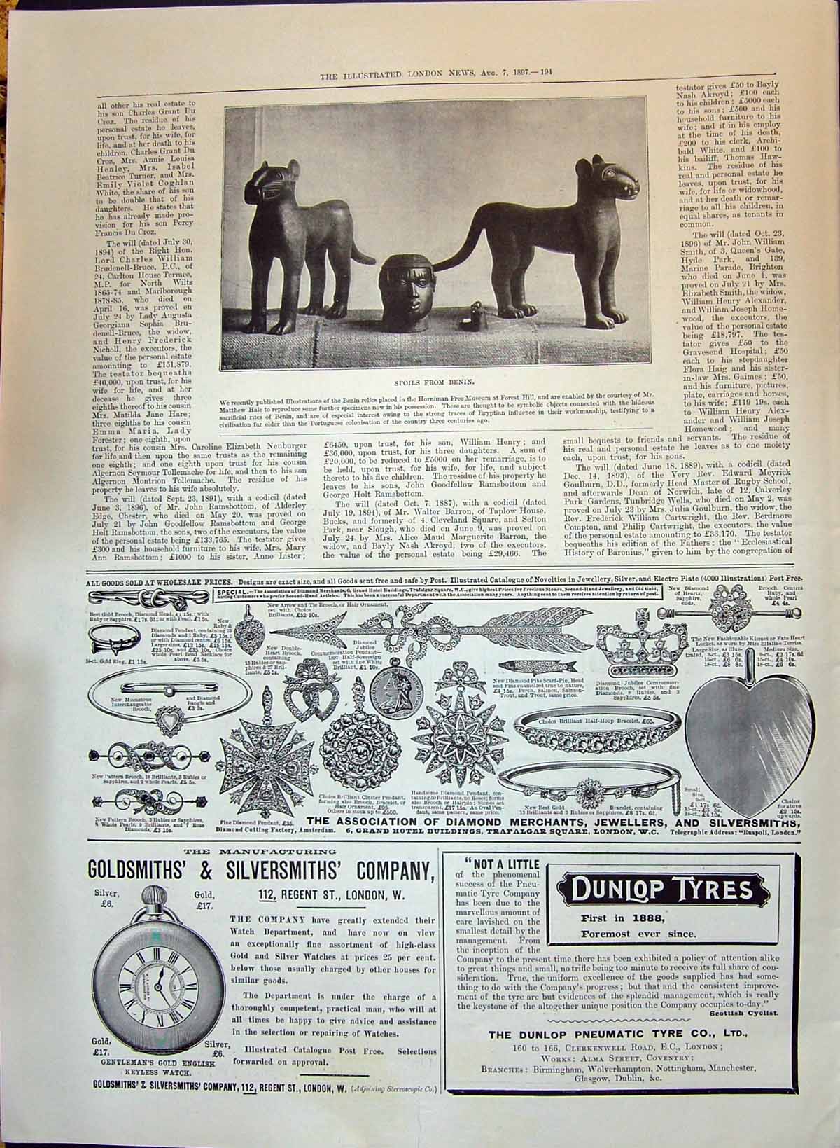 Old Print 1897 Benin Relics Horniman Museum Forest Diamond Dunlop Gmsmit 19th