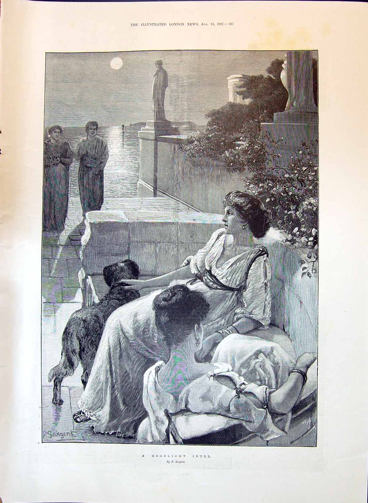 Old 1897 Moonlight Idyll Ladies Dog Grenfell Wakefield Maddison Laing Victorian