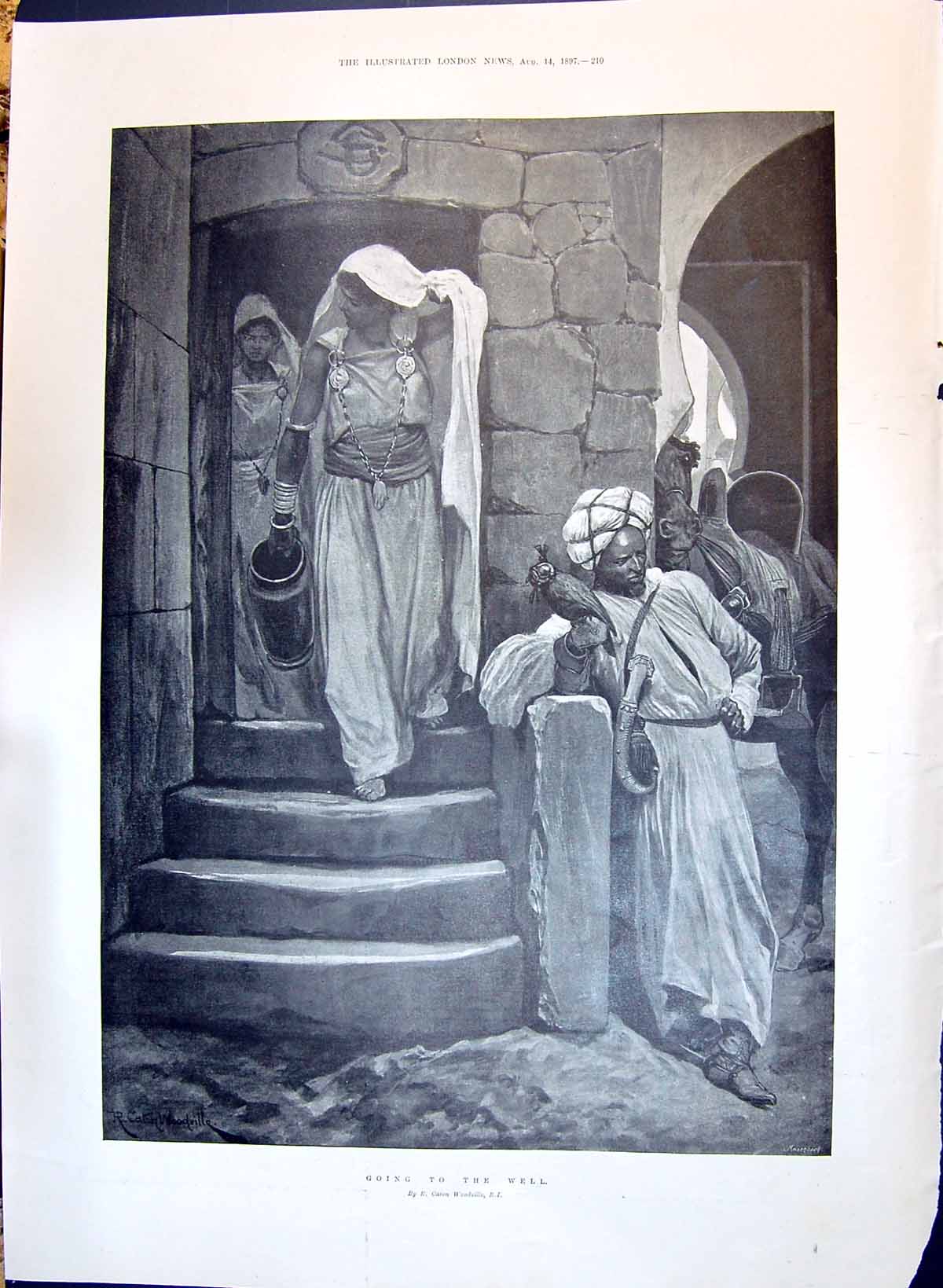 Old Print 1897 Women Going To Well Water Statue Charles Darwin Shrewsbury 19th