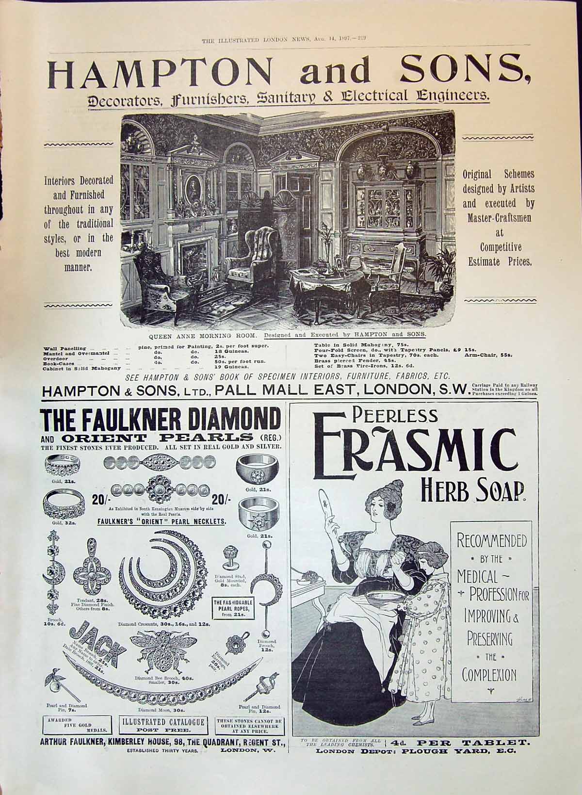 Antique Print 1897 Hampton Decorators Faulkner Diamond Pearls Erasmic Soap 19th