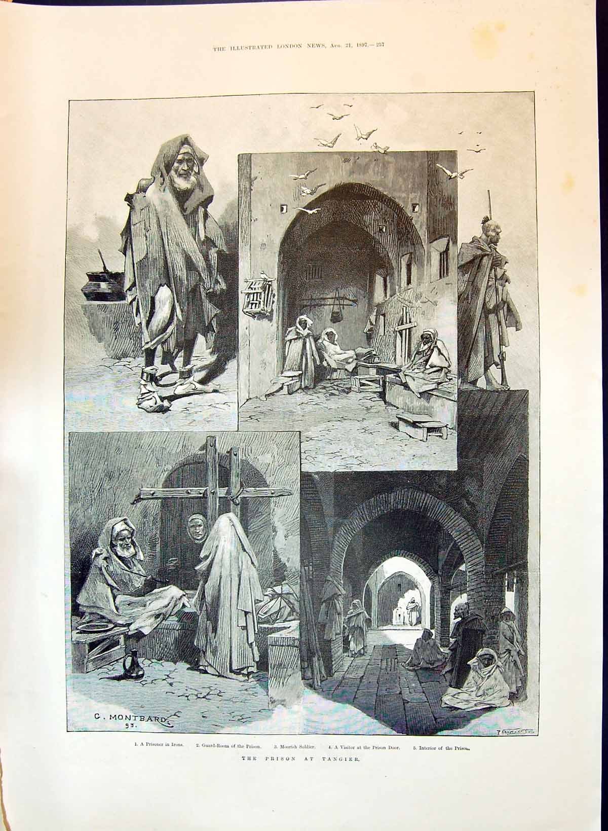 Old Print 1897 Prison Tangier Prisoner Irons Moorish Sier Guard Room Mon 19th
