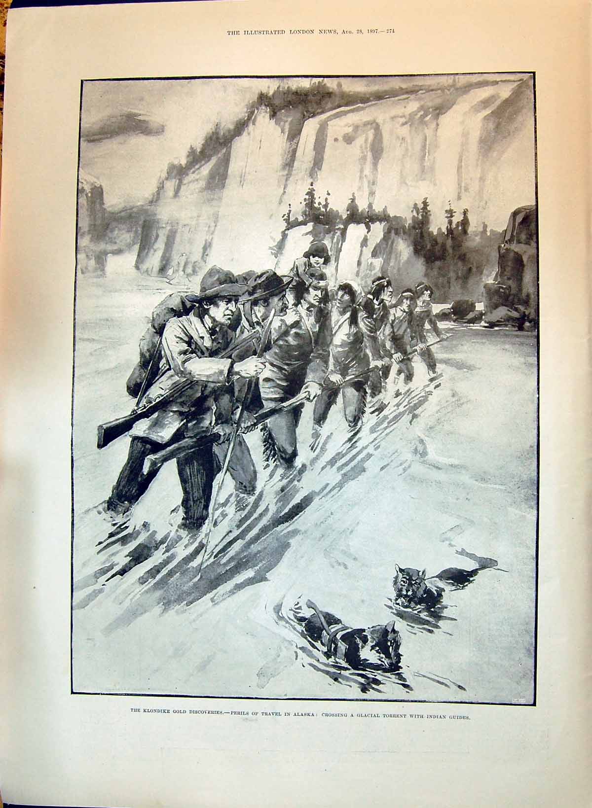 Antique Print 1897 Klondike GCrossing Glacial Torrent Fort Musjid Ameer Afg