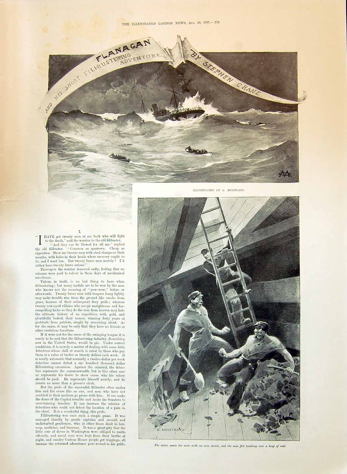 Old 1897 Flanagan Ships Stormy Sea Stephen Crane Illustration Montbar Victorian