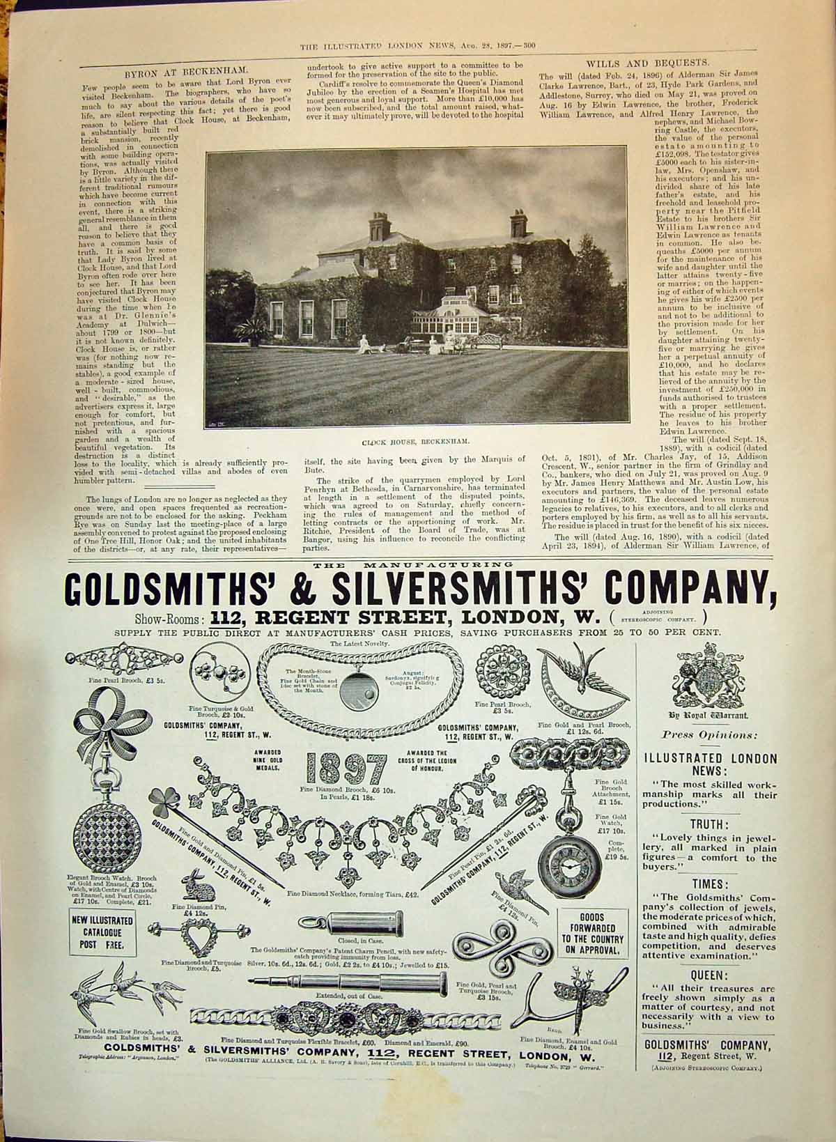 Old Antique Print 1897 Clock House Beckenham Gsmith Silversmith Jewellers 19th