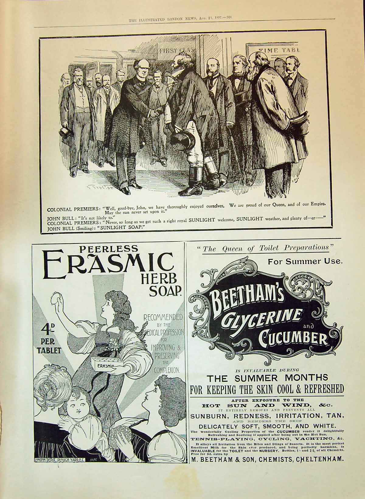 Old Print 1897 Sunlight Soap Erasmic Herb Soap Beetham Chemist Cheltenham 19th