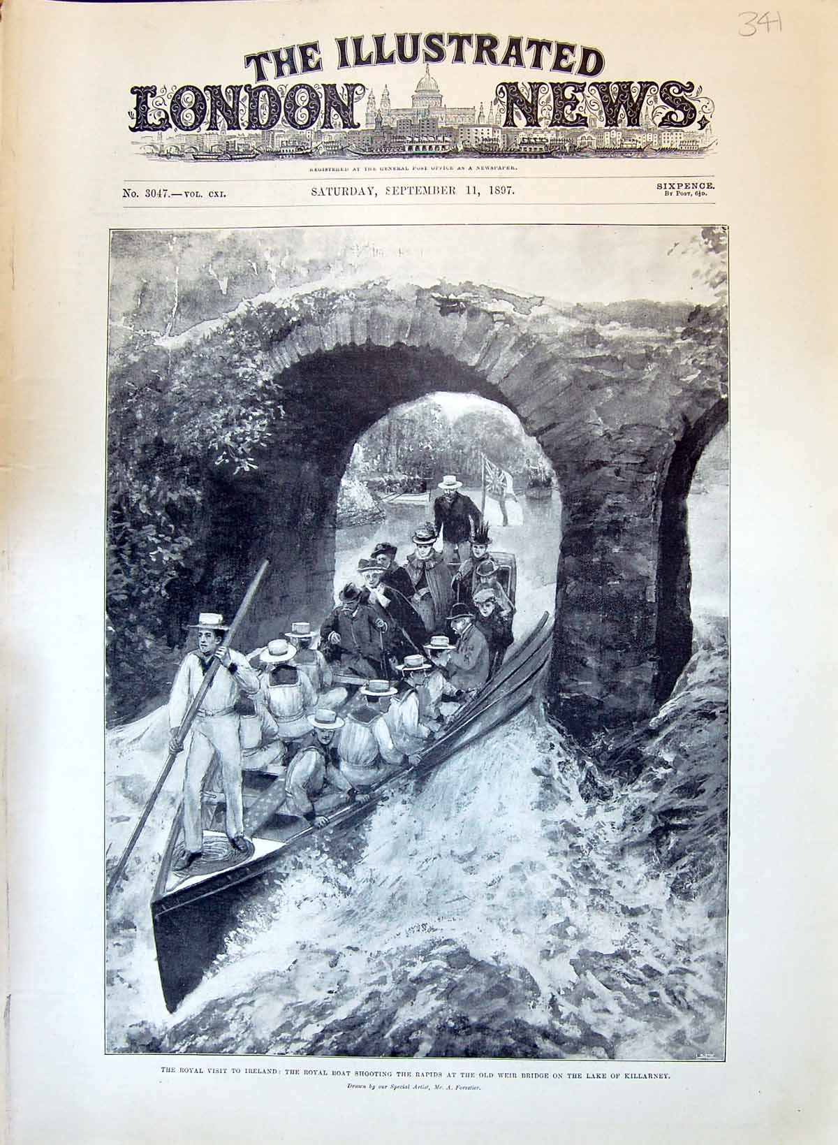 Antique Print 1897 Ireland Royal Boat Shooting Rapids Weir Bridge Lake Kill