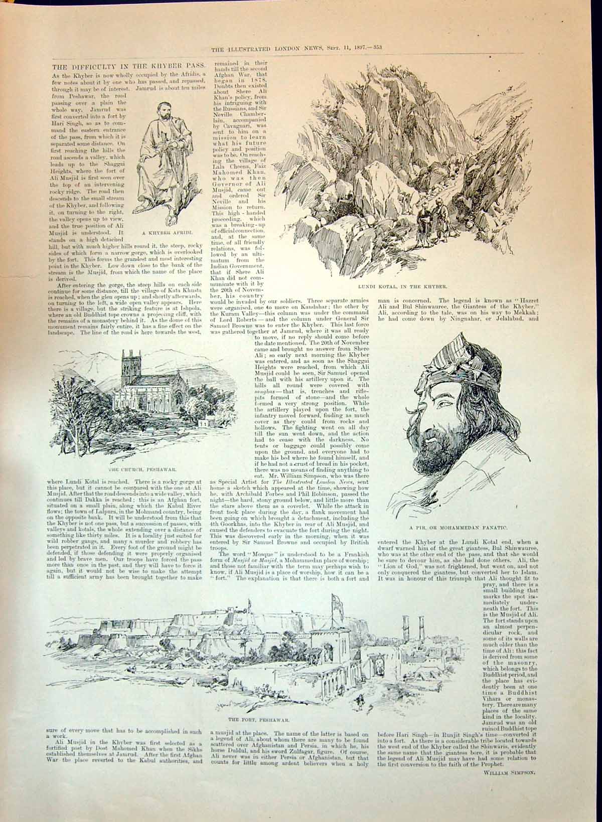 Old 1897 Khyber Pass Afridi Lundi Kotal Fort Church Peshawar Mohammed Victorian