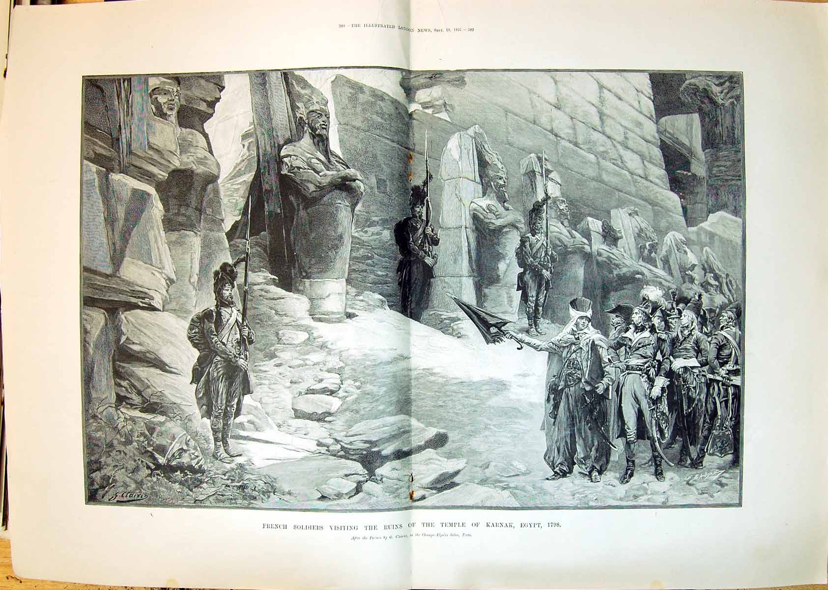 Antique Old Print 1897 War French Siers Visiting Ruins Temple Karnak Egypt