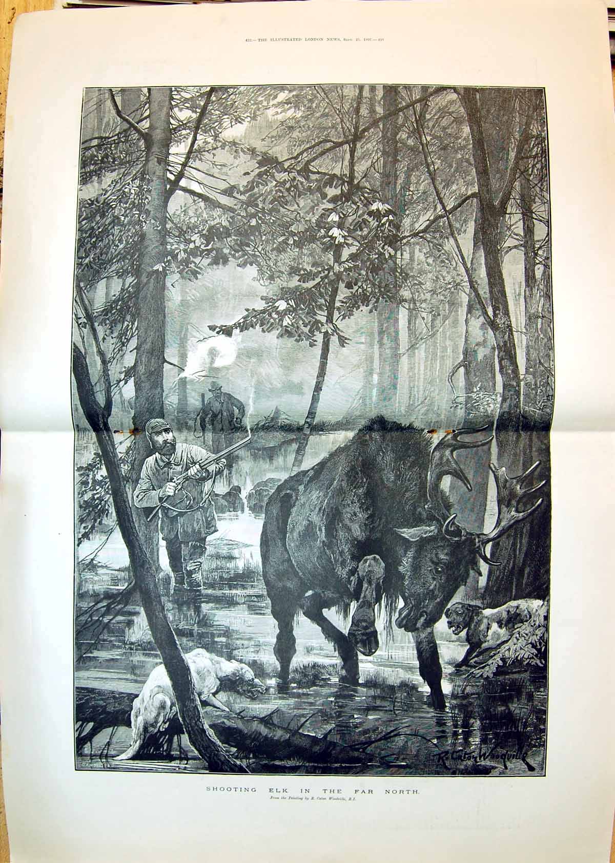 Old 1897 Shooting Elk Far North Canada Hunting Sport Canton Woodville 19th