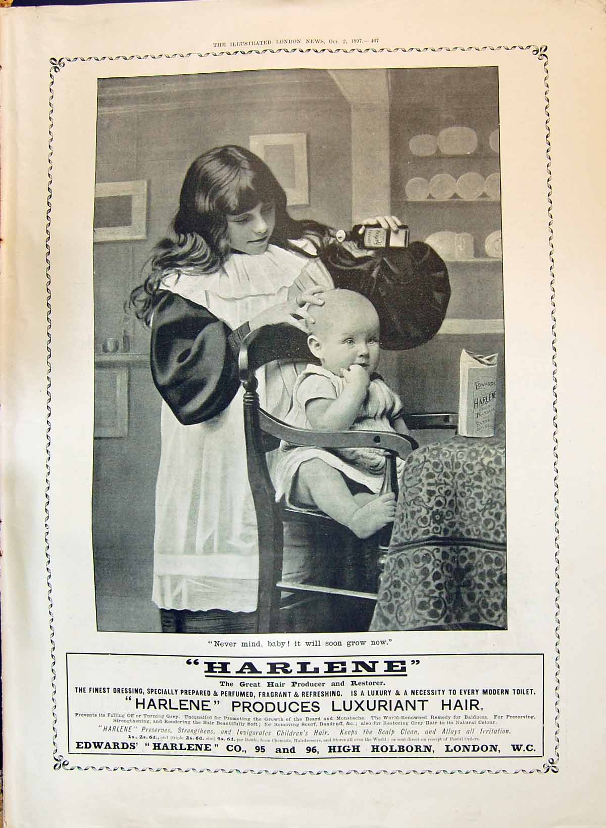 Antique Old Print 1897 Advertisement Edwards Harlene Hair Producer Restorer