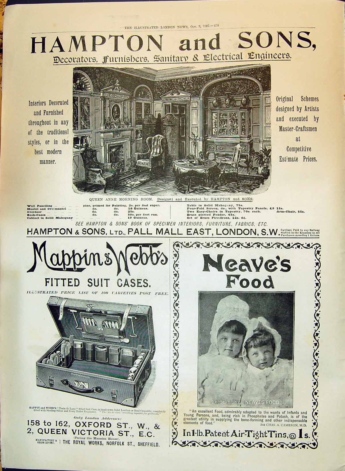 Antique Old Print 1897 Hampton Furniture Decorators Mappin Webb Neave'S Food