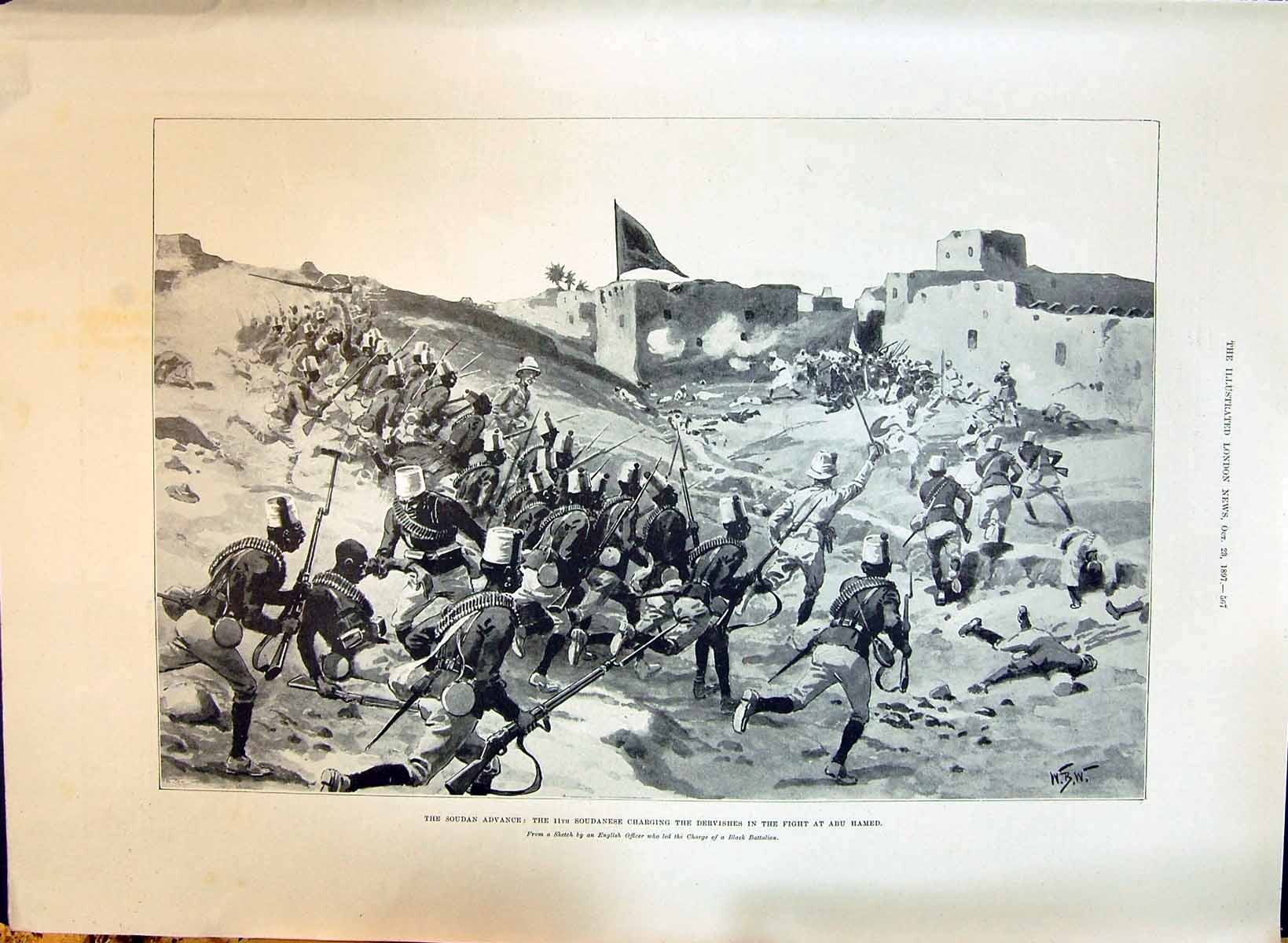 Old Print 1897 Soudan War Charging Dervishes Abu Hamed William Blackwood 19th