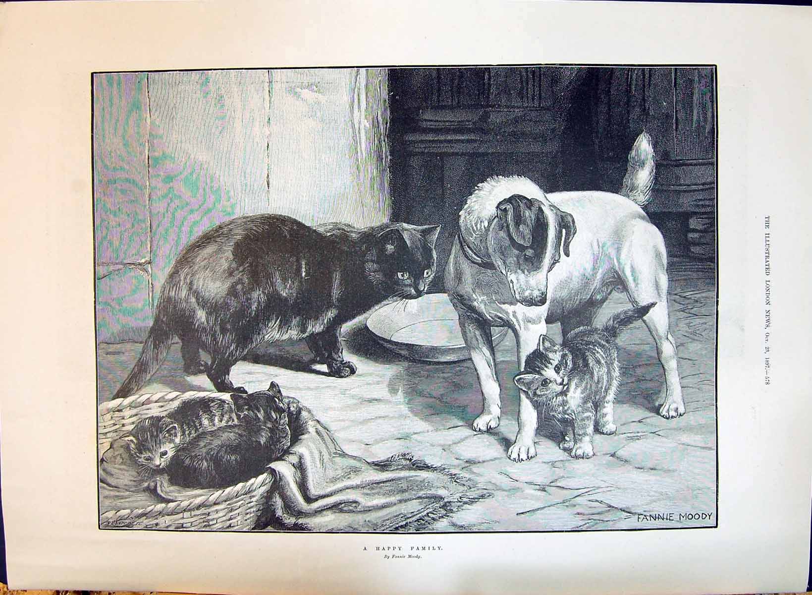 Old 1897 Fannie Moody Pets Dog Cat Kittens Lace Fan Queen Jubilee Pre Victorian