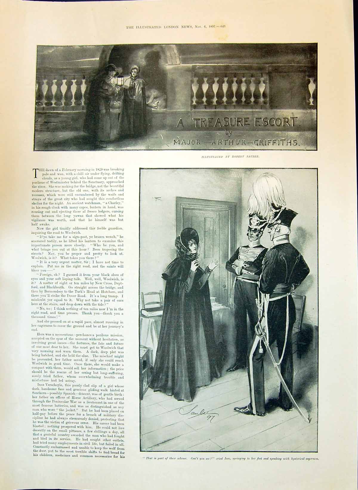 Old Print 1897 Treasure Escort Major Arthur Griffiths Siers Lady Scene S 19th