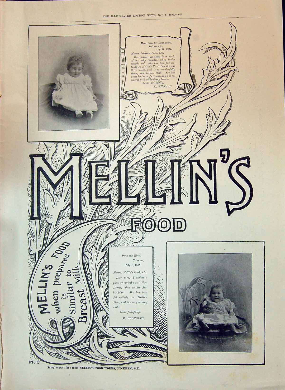 Antique Old Print 1897 Advertisement Mellins Food Baby Denmark Hotel Cooksley