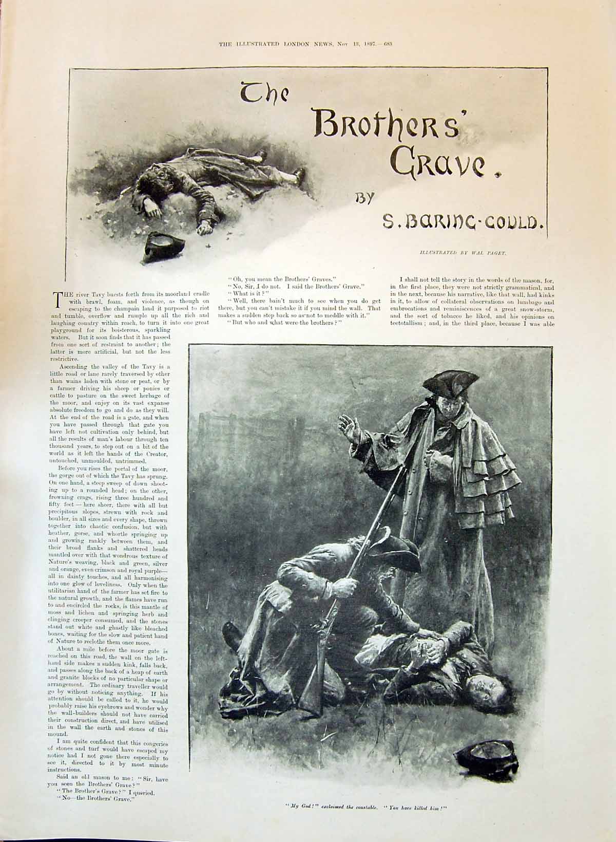 Old Print 1897 Brothers Grave Baring Gould Dead Man Story Rifle Wal Paget 19th