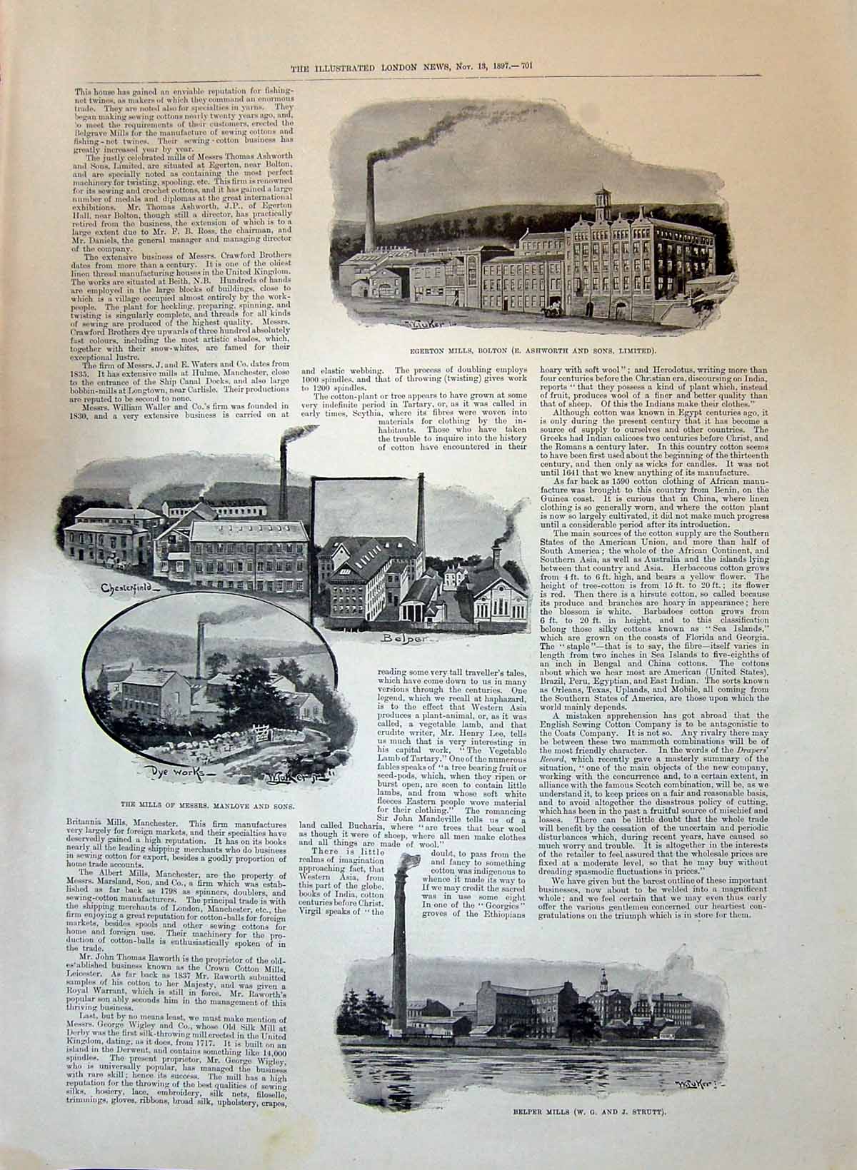 Old 1897 Egerton Mills Bolton Ashworth Manlove Belper Mills Strutt Bu Victorian