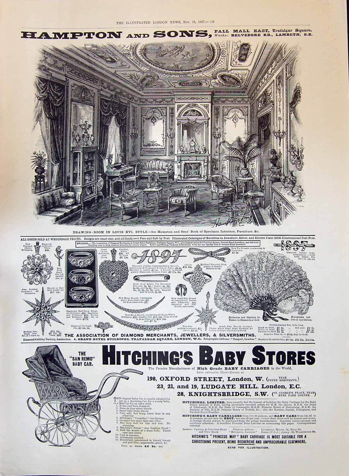 Old Print 1897 Hampton Pall Mall Hitching'S Baby Stores Diamond Merchants 19th