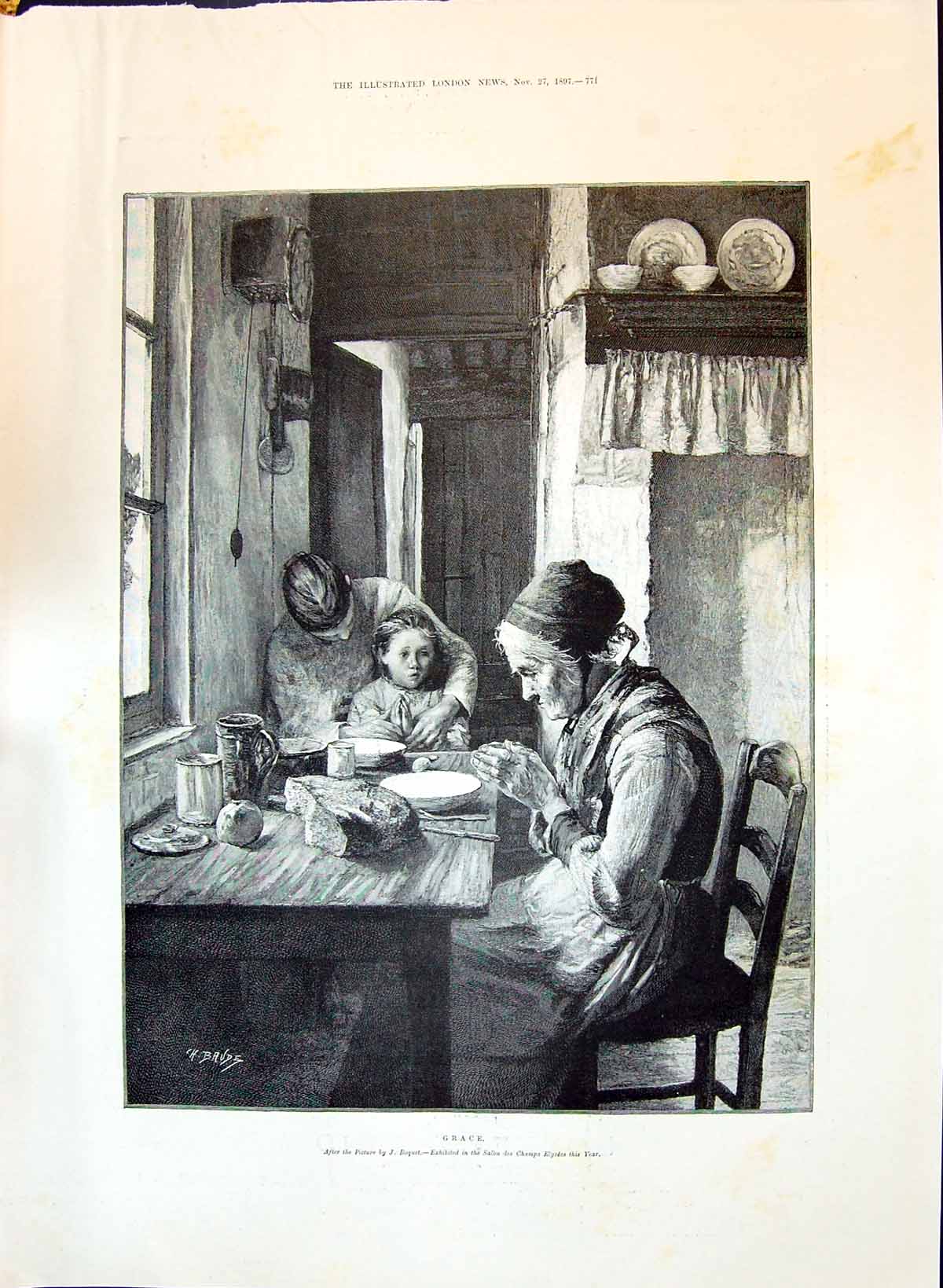 Original Old Antique Print 1897 Grace Family Home Dinner Table Lady Children