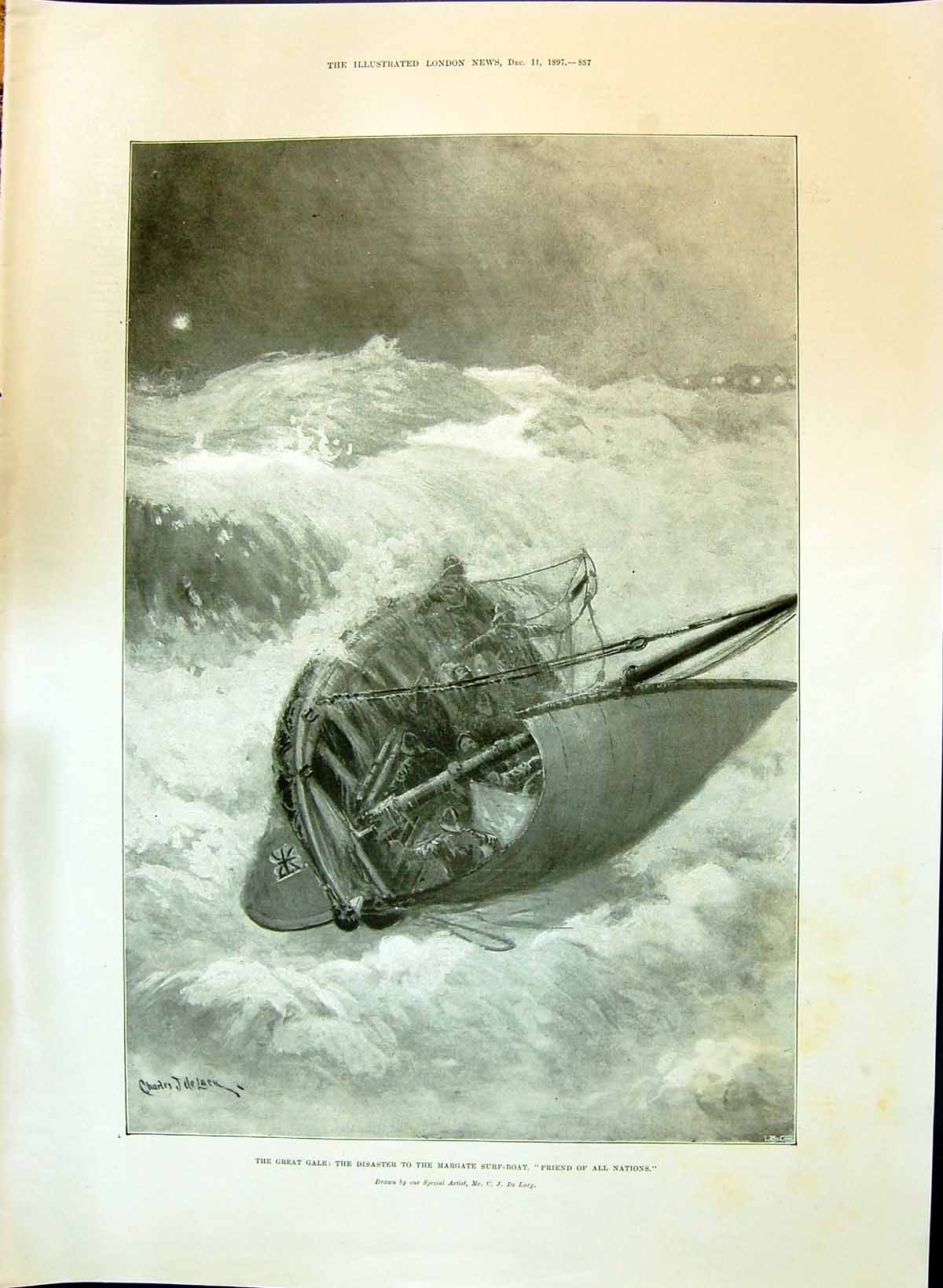 Old 1897 Stormy Sea Margate Surf-Boat Mcewan Hall Edinburgh Universit Victorian