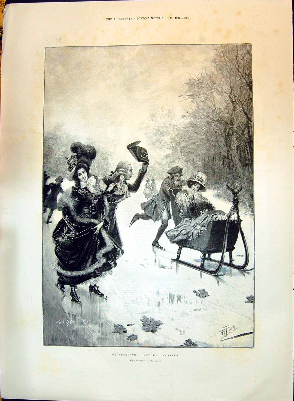 Old 1897 Seventeenth Century Skaters Ice Sledge Blakeley Lake Pearson Victorian