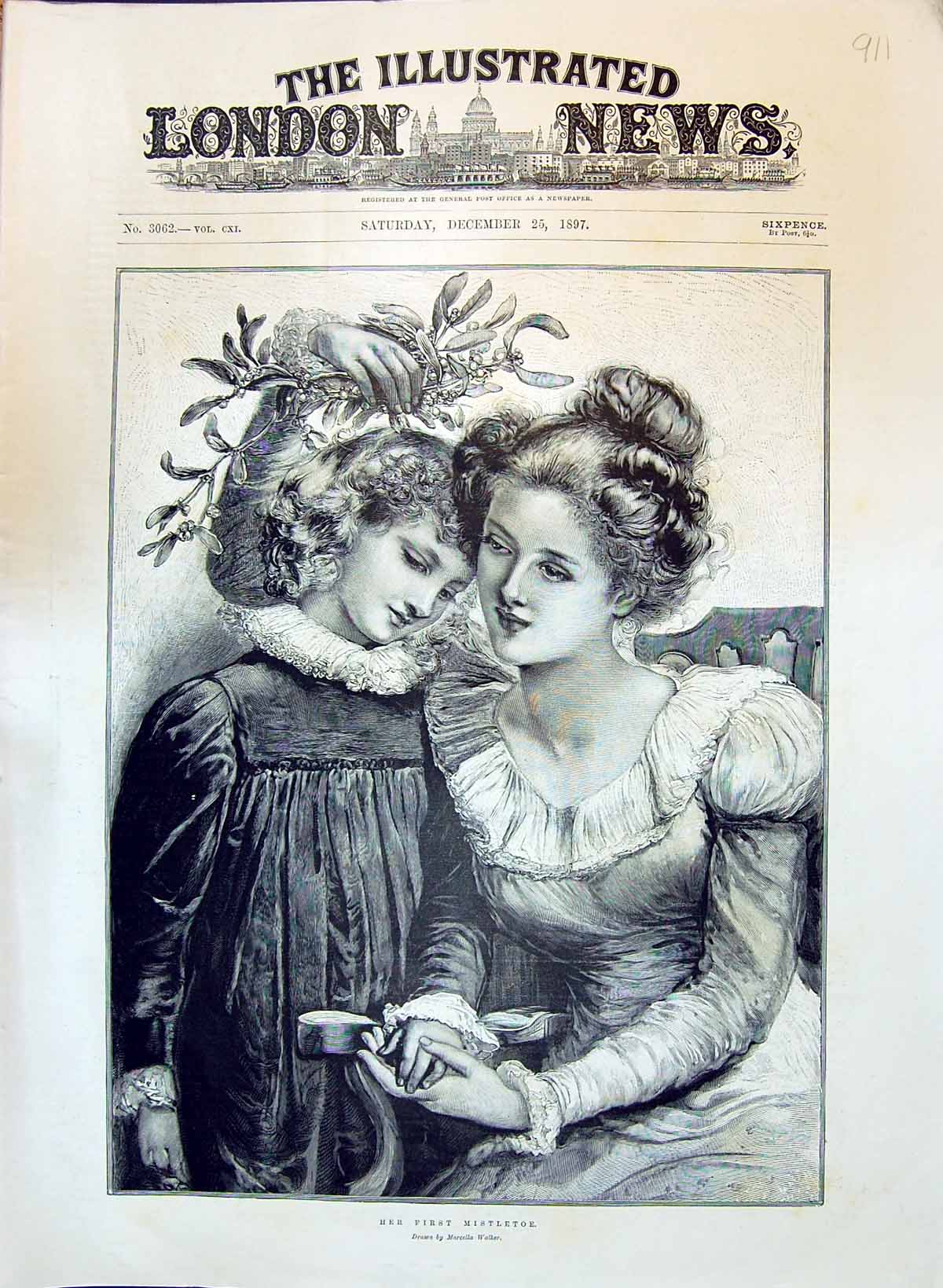 Original Old Antique Print 1897 First Mistletoe Christmas Girls Marcella Walker