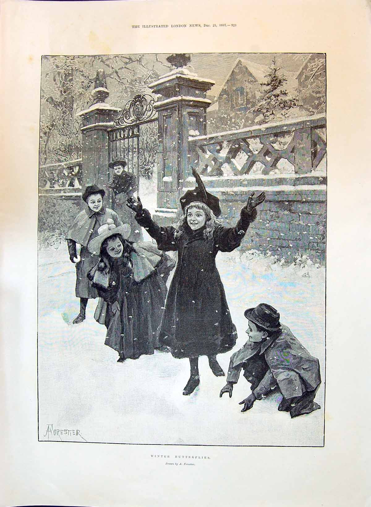 Old Antique Print 1897 Winter Butterflies Children Playing Snow Forestier 19th
