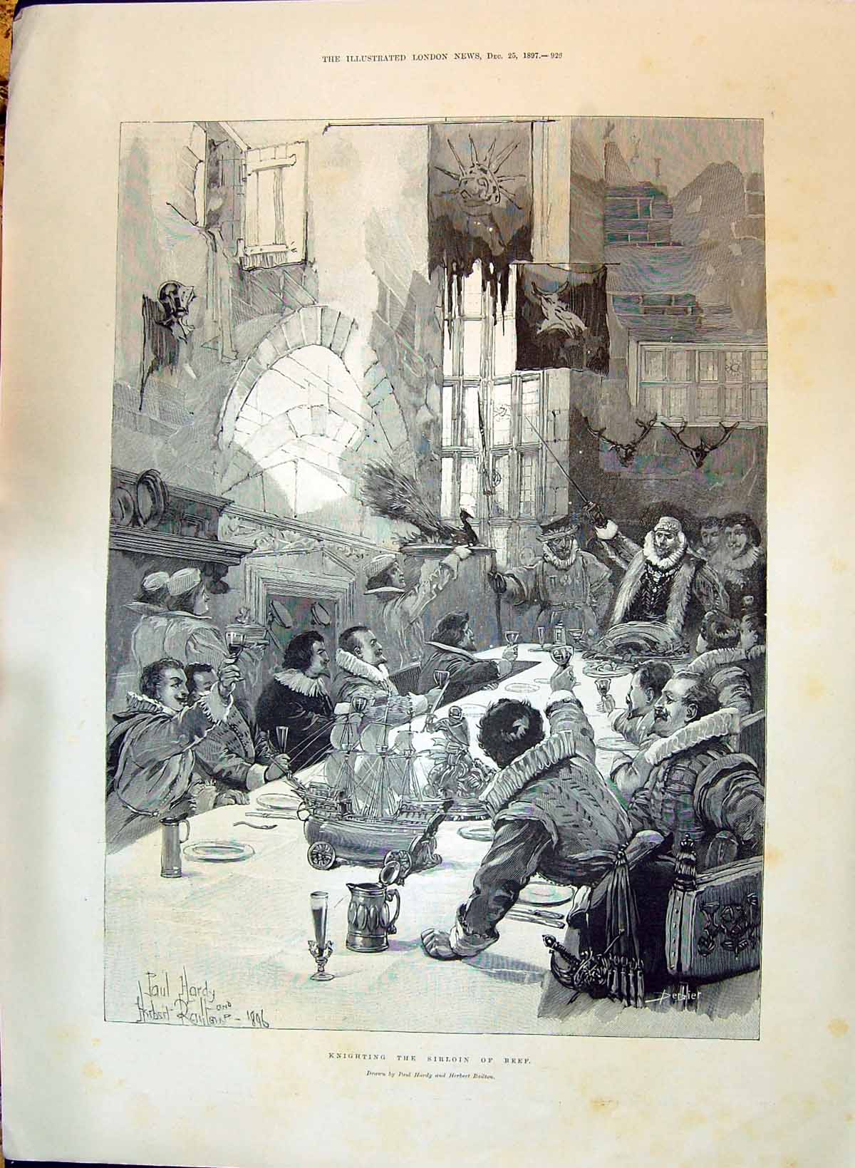 Old 1897 Scene Knighting Sirloin Beef Banquet Table Beautiful Woman R Victorian