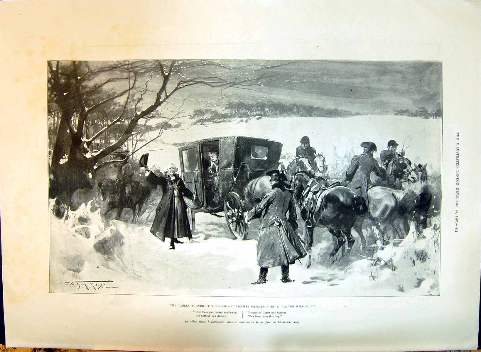 Old 1897 Bishop Christmas Greeting Transport Coach Horses Birds Tree Victorian