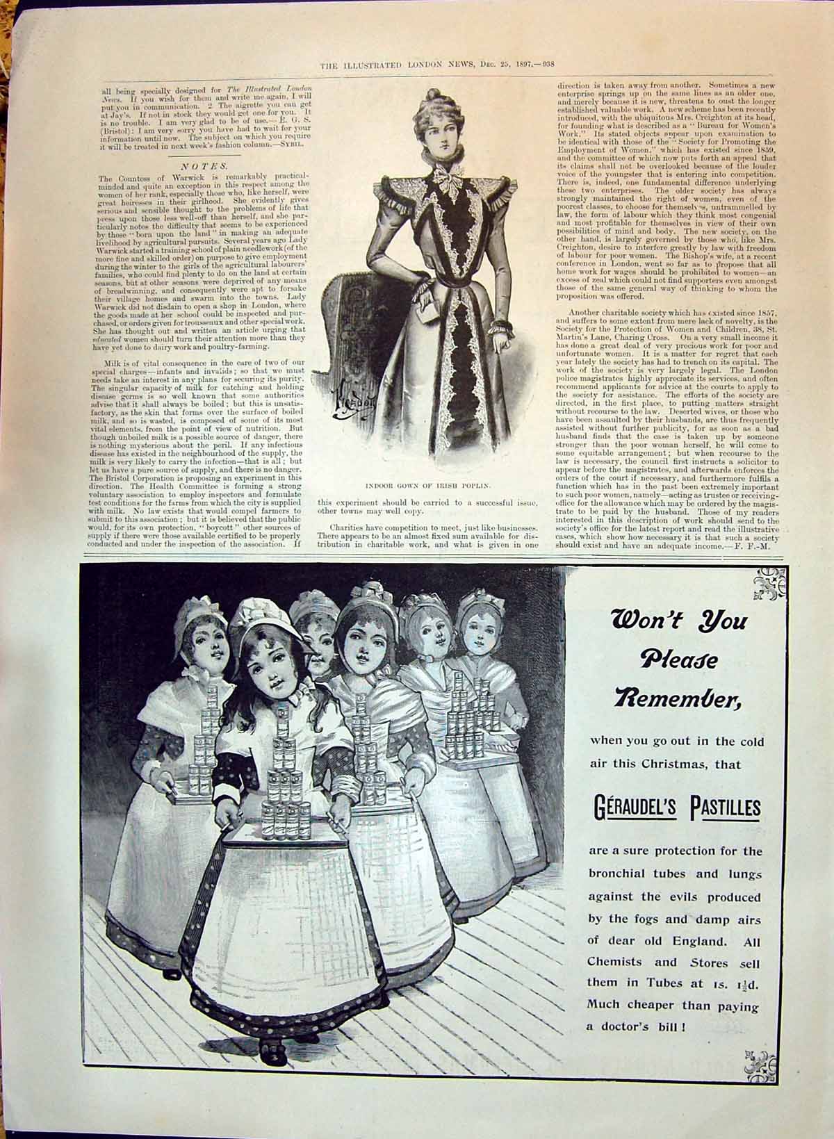 Old 1897 Ladies Fashion Indorr Gown Irish Poplin Geraudel'S Pastilles Victorian
