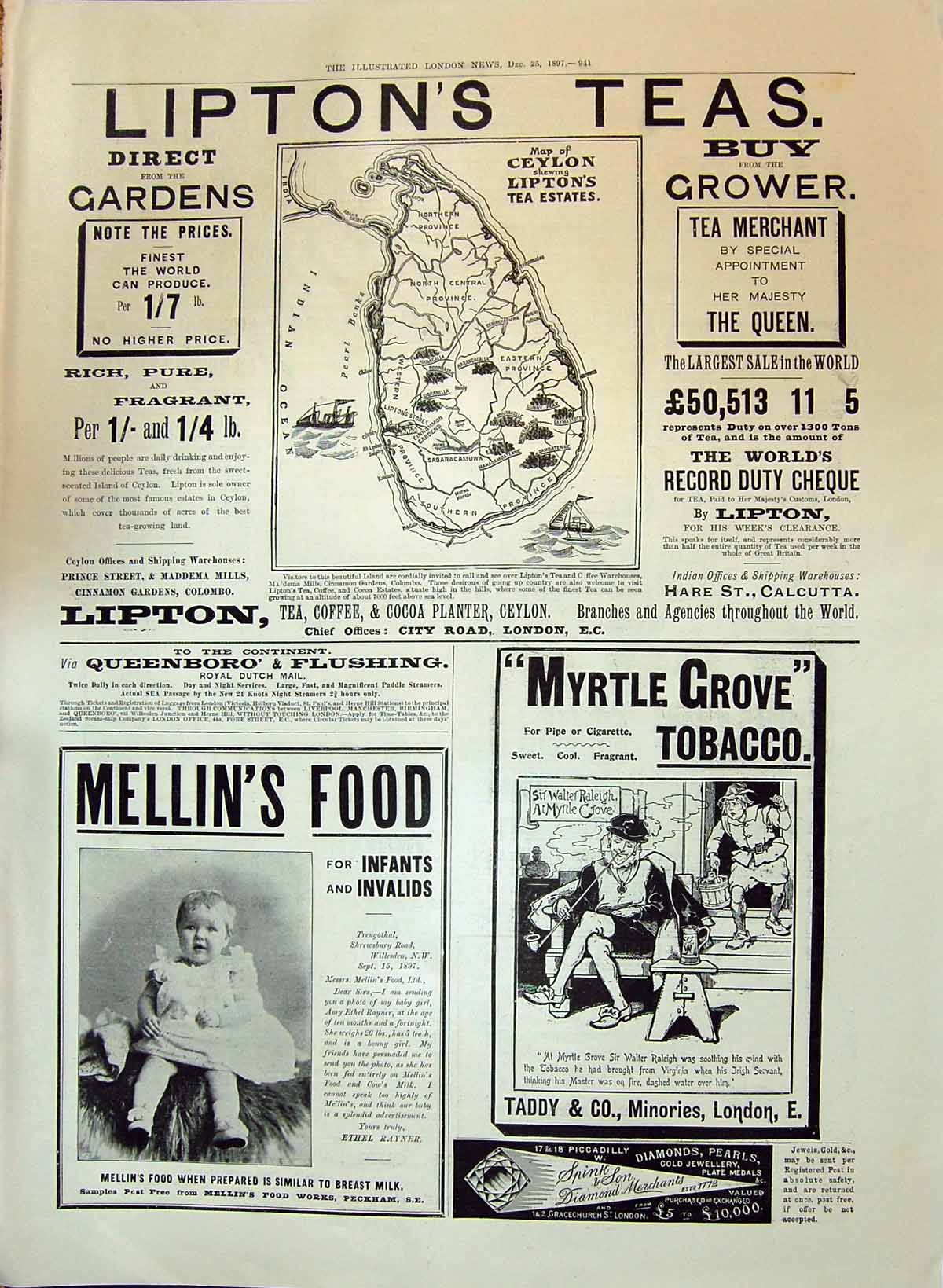 Old 1897 Lipton'S Teas Mellin'S Food Myrtle Grove Tobacco Dutch Mail Victorian