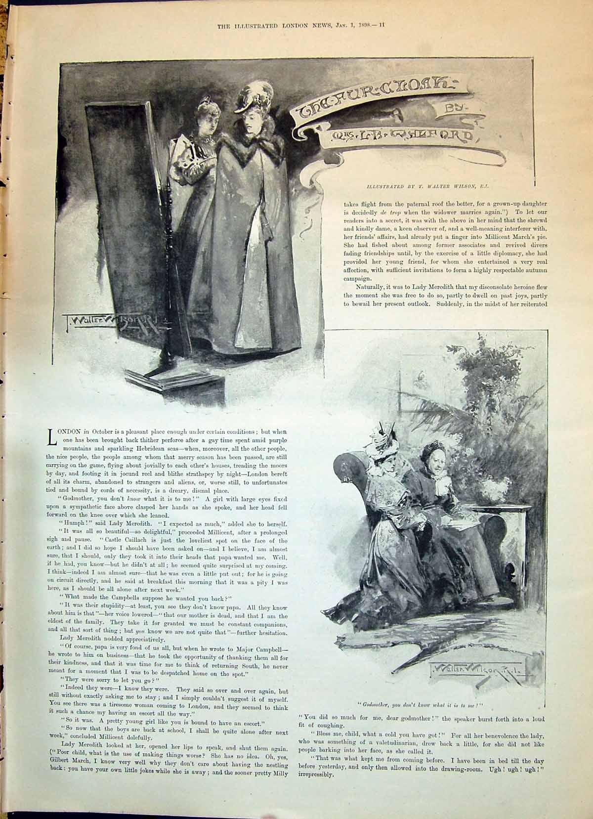 Old 1898 Story Illustration Fur Cloak Beautiful Woman Mirror Walter W Victorian
