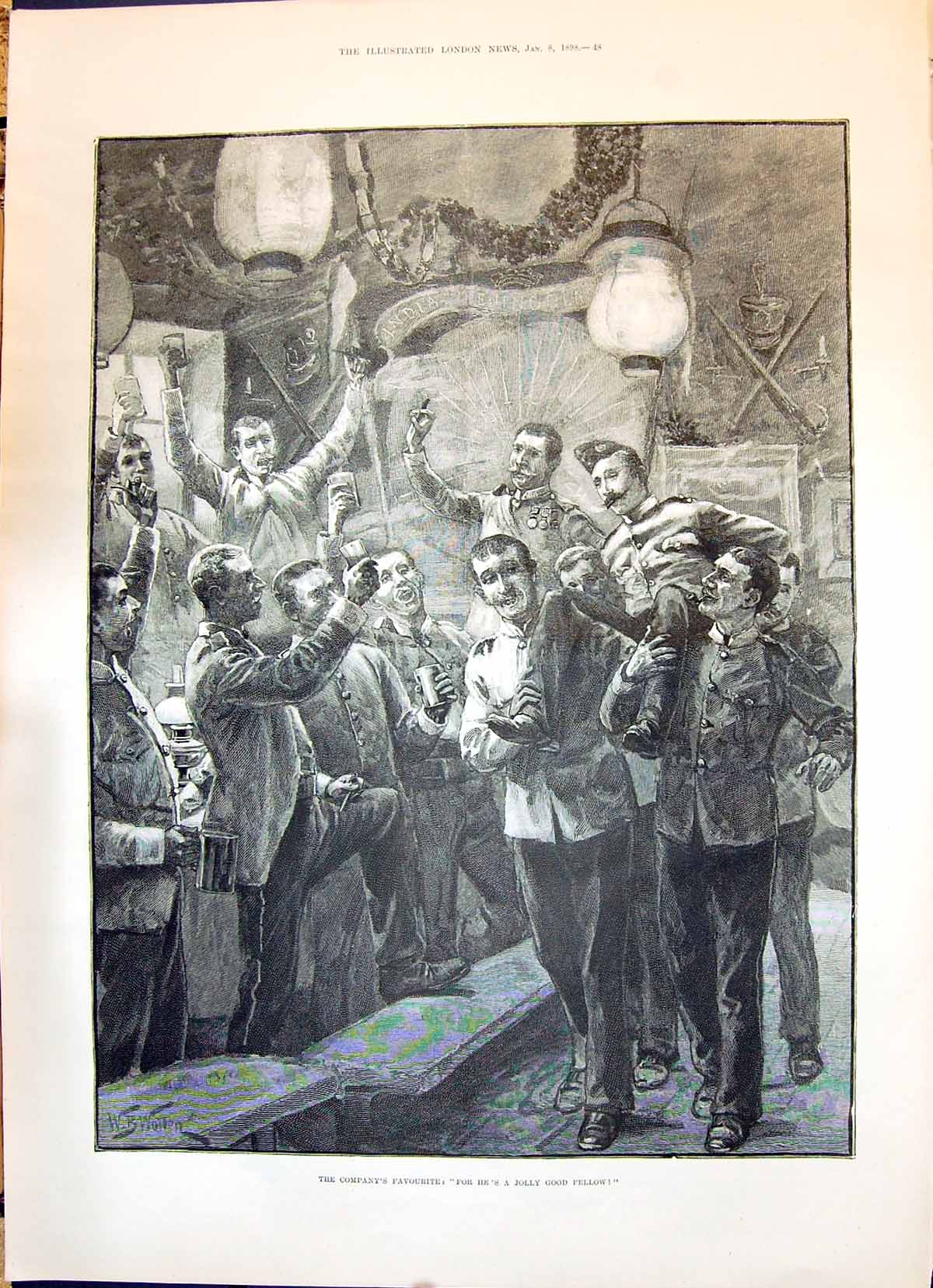 Old Print 1898 Jolly Good Fellow Siers Singing Beautiful Ladies Stormy S 19th