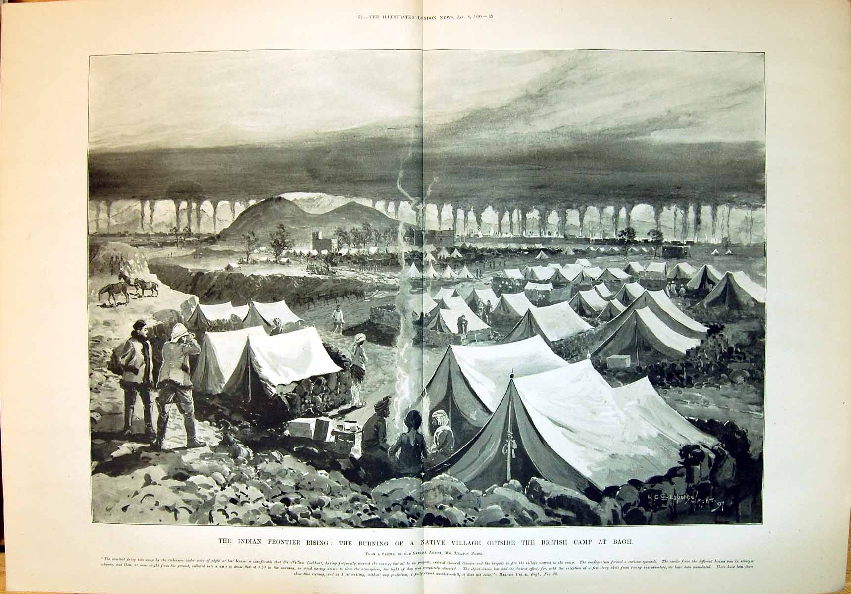 Old 1898 Indian Frontier Burning Native Village Near British Camp Bag 0 19th