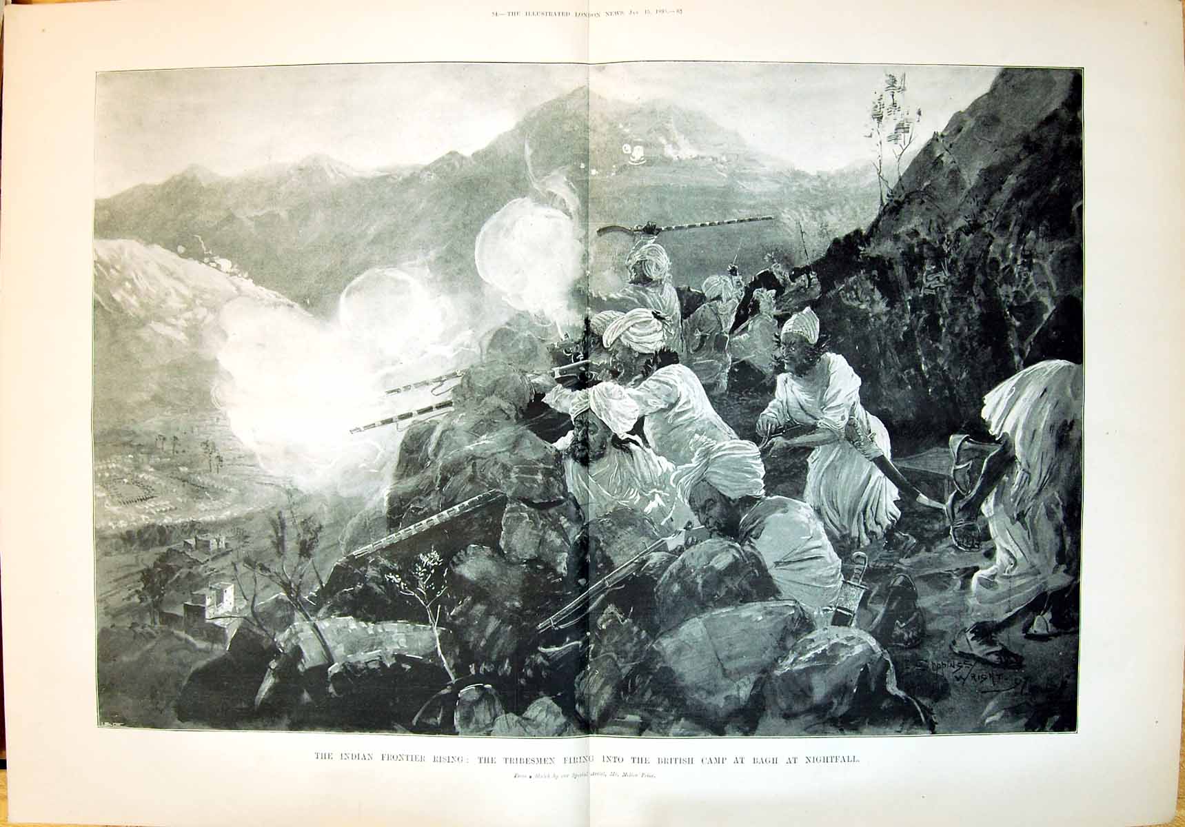 Old 1898 Indian Frontier Tribesmen Firing British Camp Bagh Nightfall 0 19th