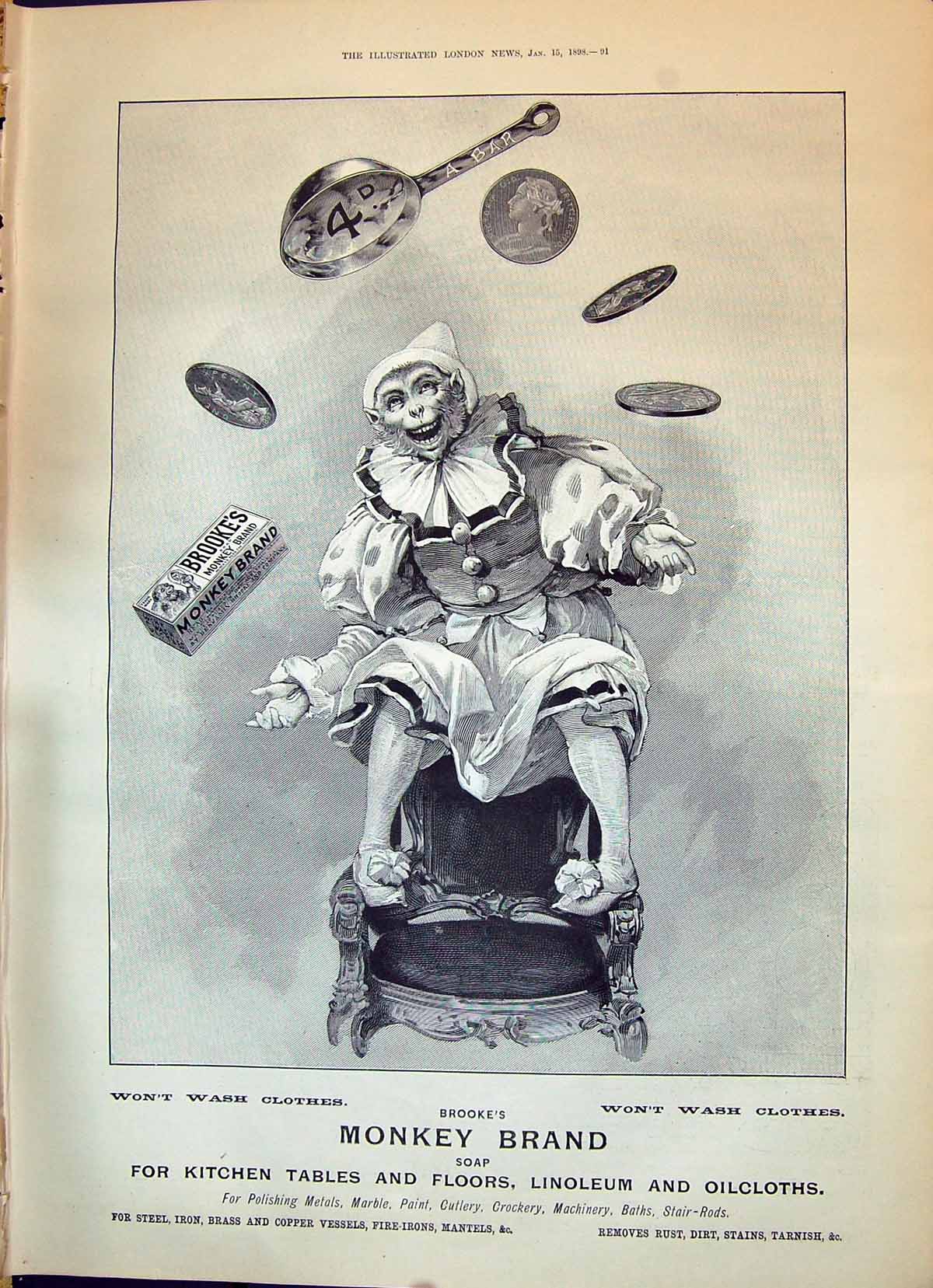 Old 1898 Advertisement Brooke'S Monkey Brand Soap Washing Money Chair Victorian