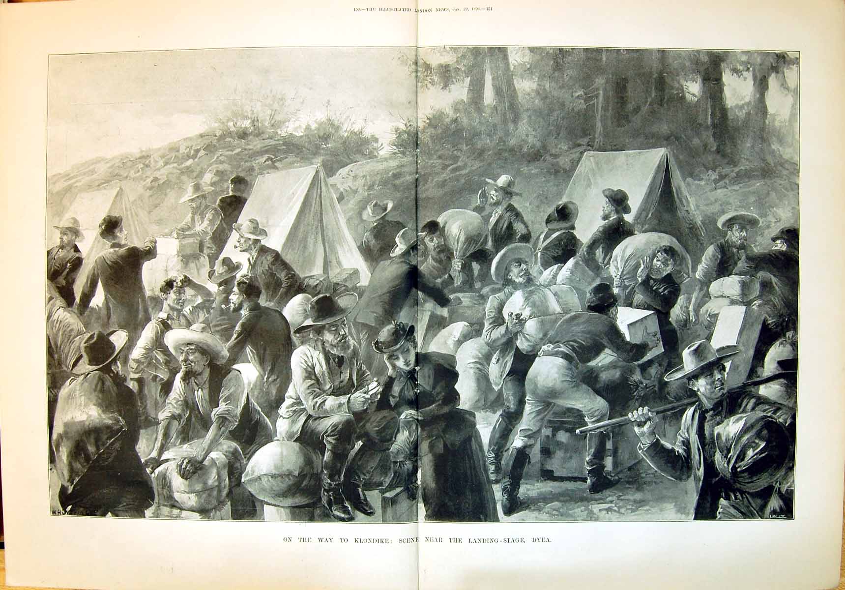 Original Old Antique Print 1898 Scene Landing-Stage Camp Dyea Klondike GMining
