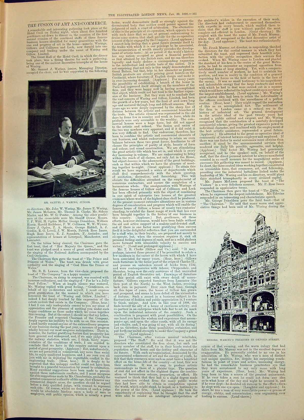 Antique Old Print 1898 Samuel Waring Junior Buildings Premises Oxford Street