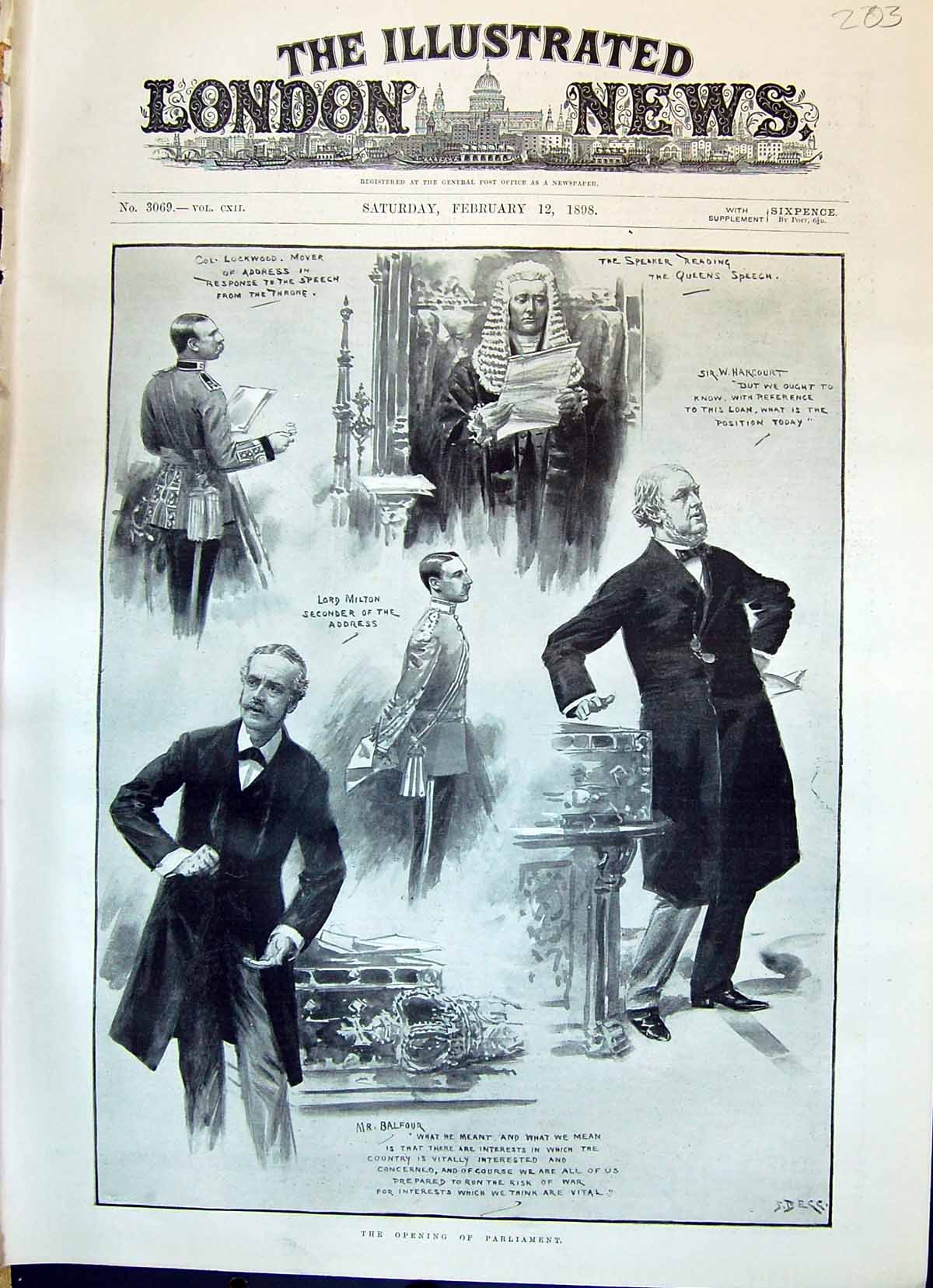Old 1898 Opening Parliament Lockwood Balfour Speaker Queen'S Speech H Victorian