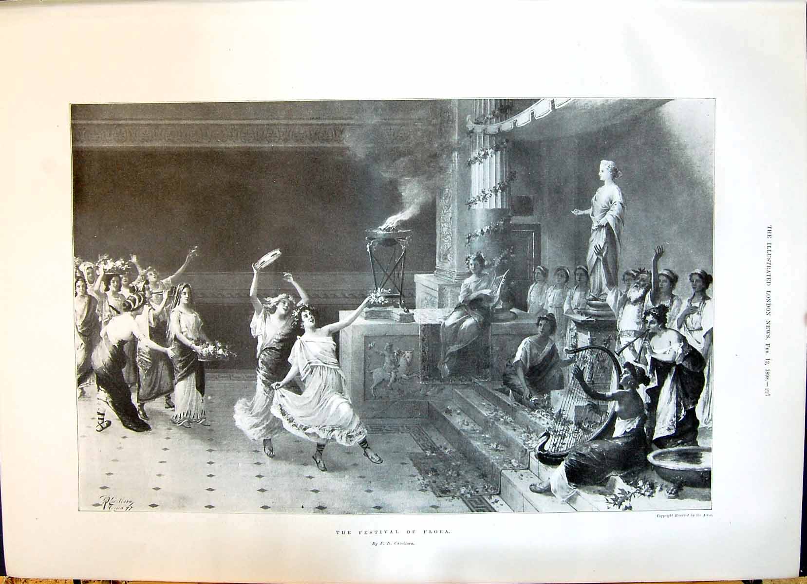 Original Old Antique Print 1898 Scene Festival Flora Ladies Dancing Music 19th