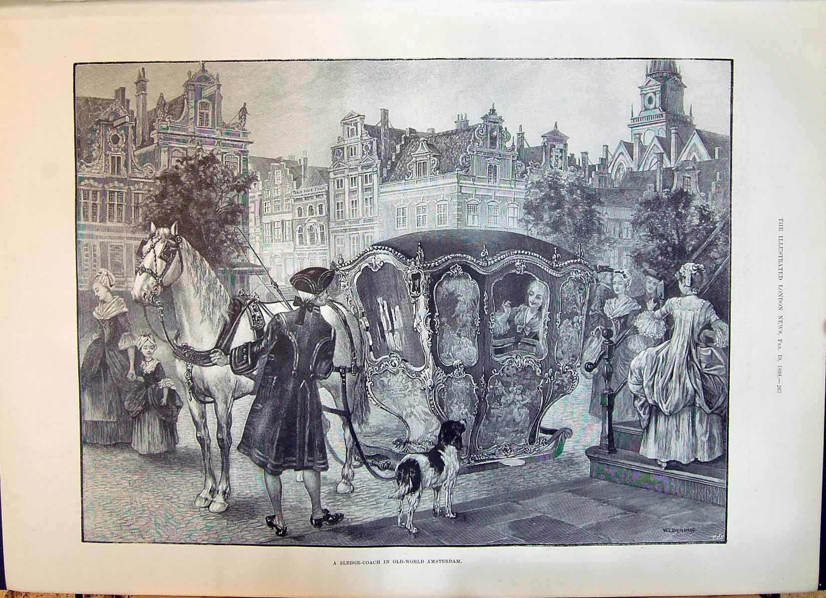 Original Old Antique Print Sledge Coach -World Amsterdam Transport 1898 19th