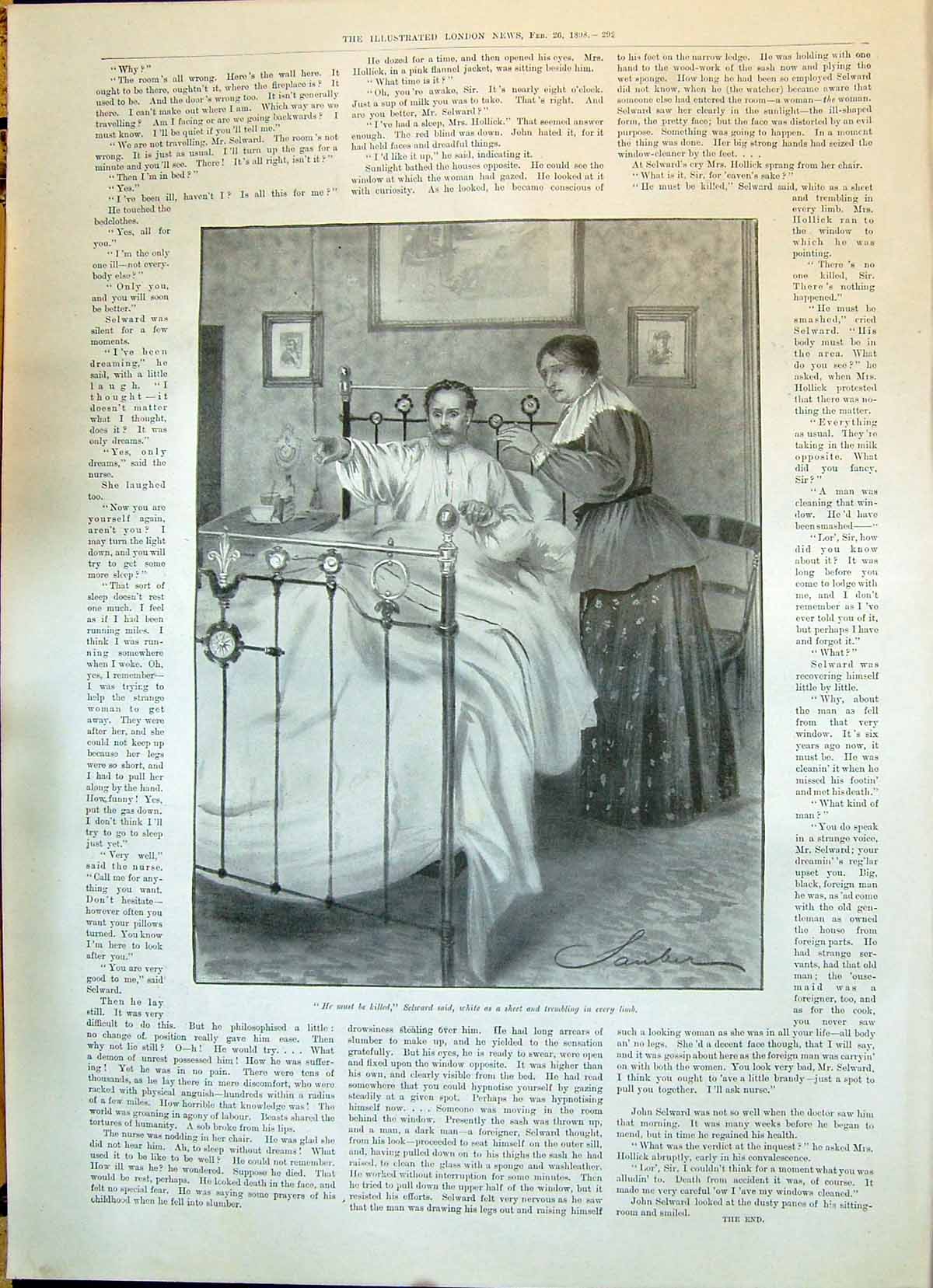 Original Old Antique Print 1898 Scene Selward Sick Bed House Woman Nurse 19th