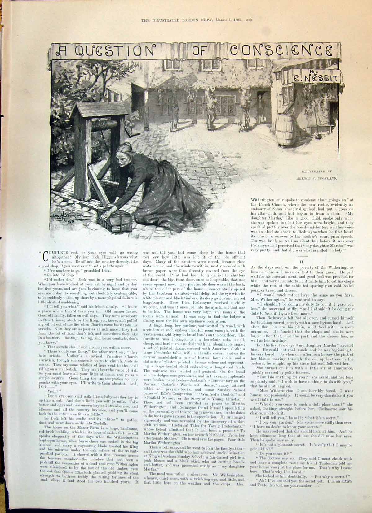 Old 1898 Illustration Story Question Conscience Nesbit Lady Well Hous Victorian