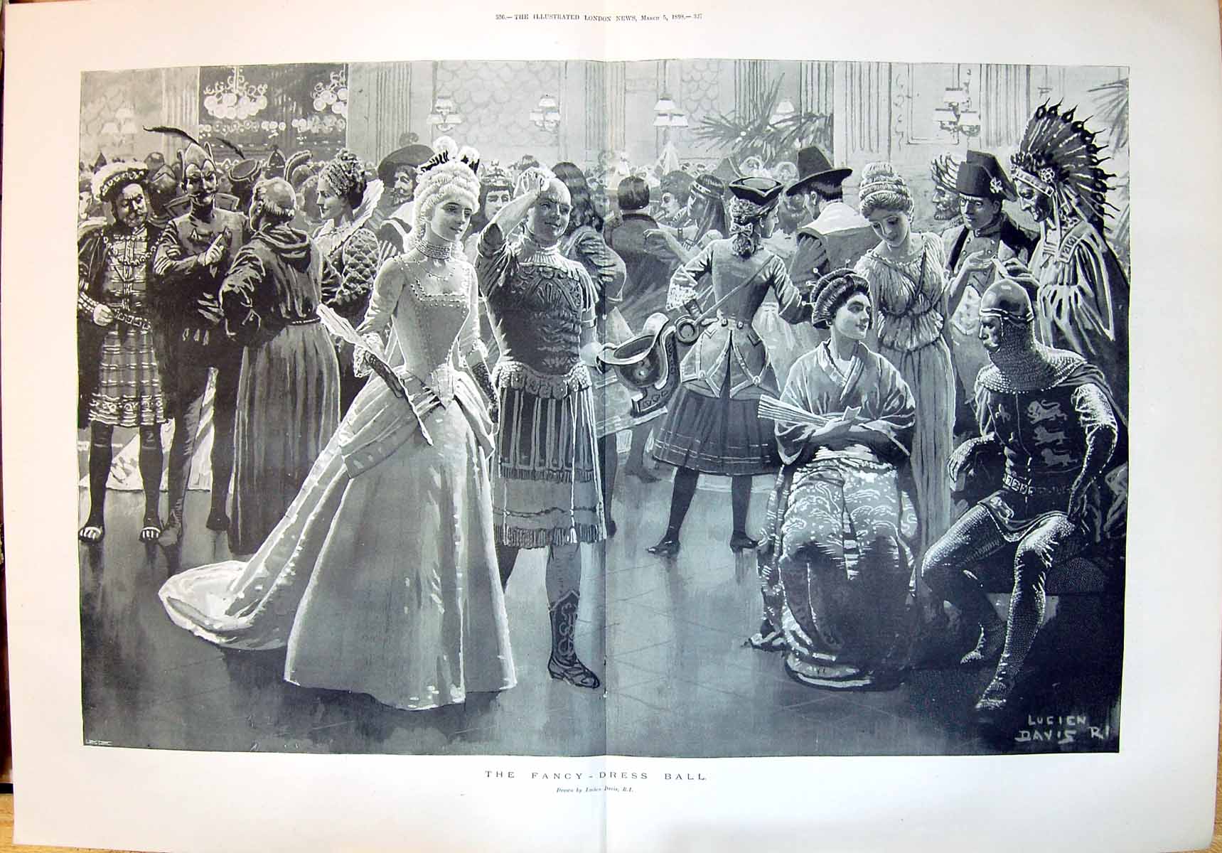 Original Old Antique Print 1898 Fancy Dress Ball Costumes Entertainment Davis
