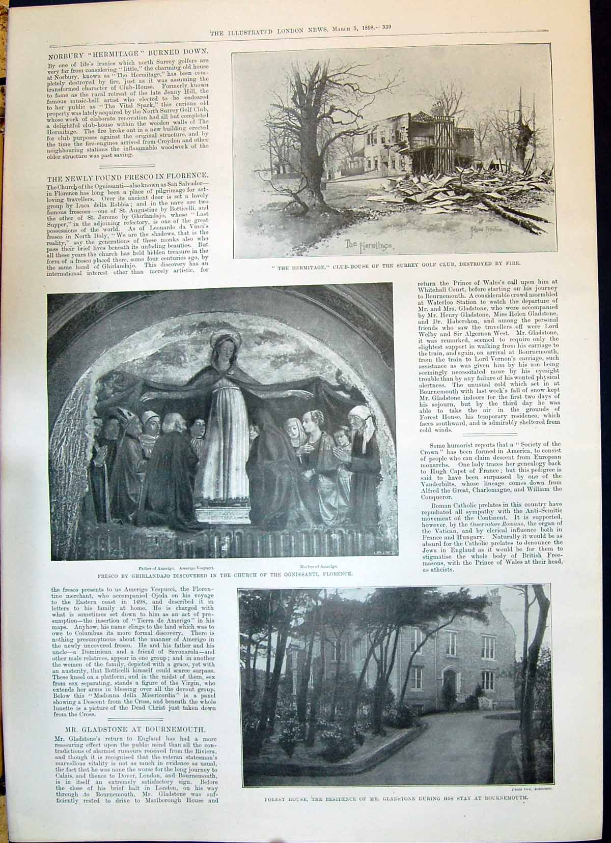 Old 1898 Hermitage Club-House Surrey Golf Forest Gladstone Ghirlandaj Victorian