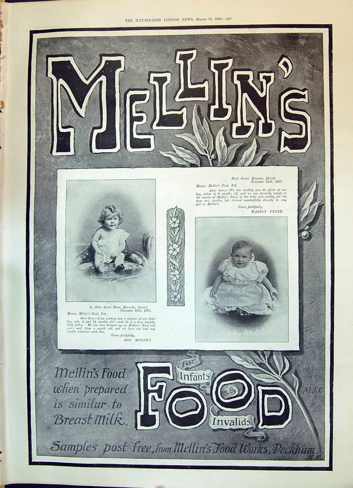 Antique Old Print 1898 Advertisement Mellins Food Infants Invalids Peckham 19th