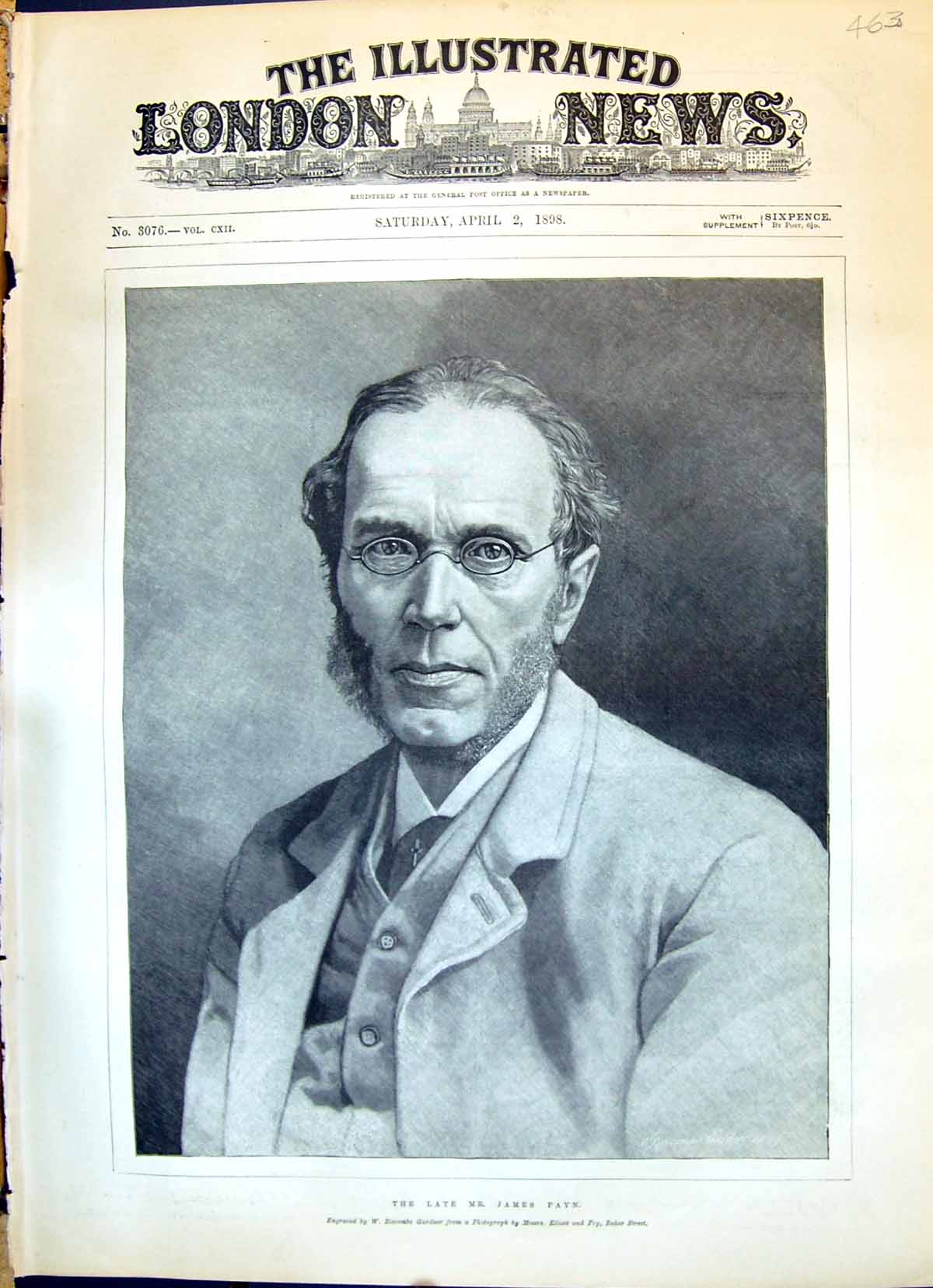 Original Old Antique Print 1898 Portrait Mr James Payn Man Wearing Glasses 19th