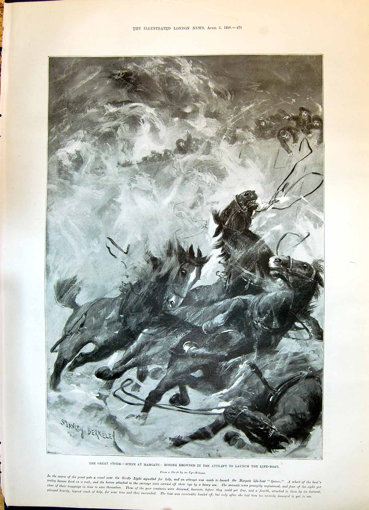Old 1898 Scene Great Storm Margate Horses Drowned Attempt Launch Life Victorian